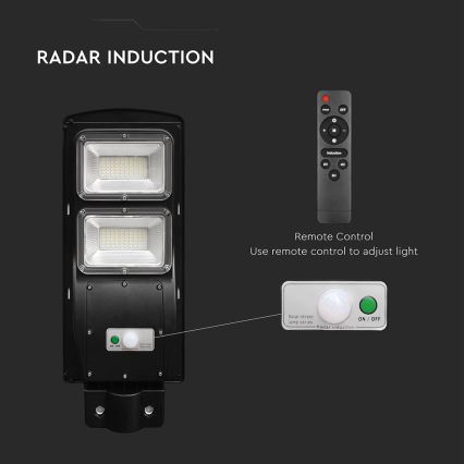 Lampe solaire de rue LED dimmable avec capteur de mouvement et crépuscule LED/8W/3,2V 6000K IP65 9000 mAh noire + télécommande