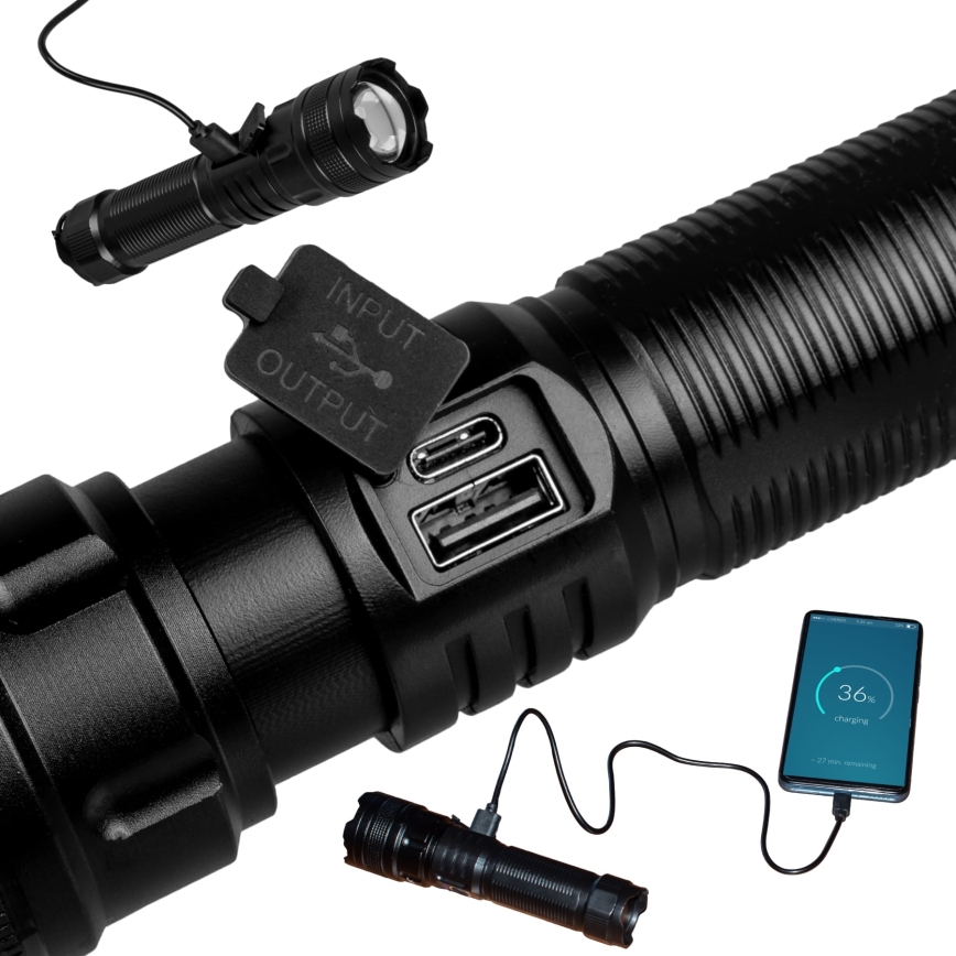 Lampe torche rechargeable à intensité variable avec fonction batterie portative LED/10 W/5 V IPX4 600 brillant 2000 mAh