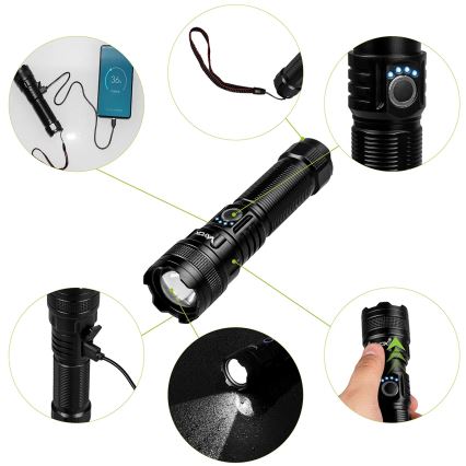 Lampe torche rechargeable à intensité variable avec fonction batterie portative LED/10 W/5 V IPX4 600 brillant 2000 mAh