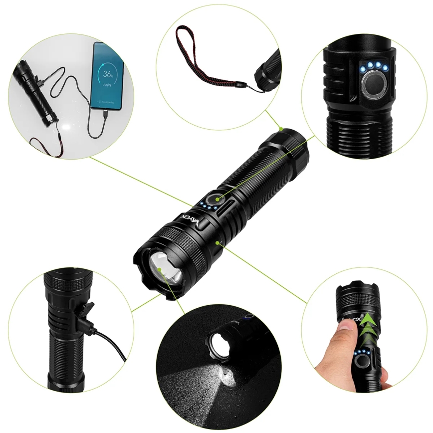 Lampe torche rechargeable à intensité variable avec fonction batterie portative LED/10 W/5 V IPX4 600 brillant 2000 mAh