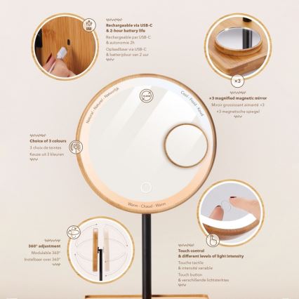 Lanaform - Specchio cosmetico dimmerabile con retroilluminazione LED 5V USB in bambù