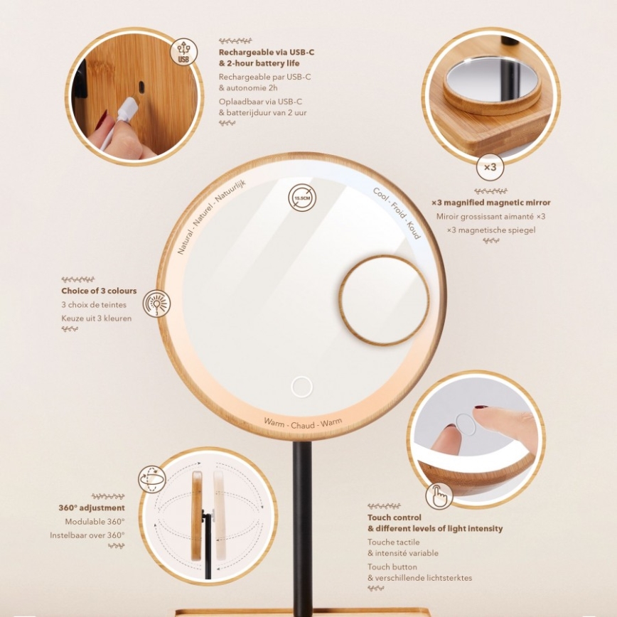 Lanaform - Specchio cosmetico dimmerabile con retroilluminazione LED 5V USB in bambù
