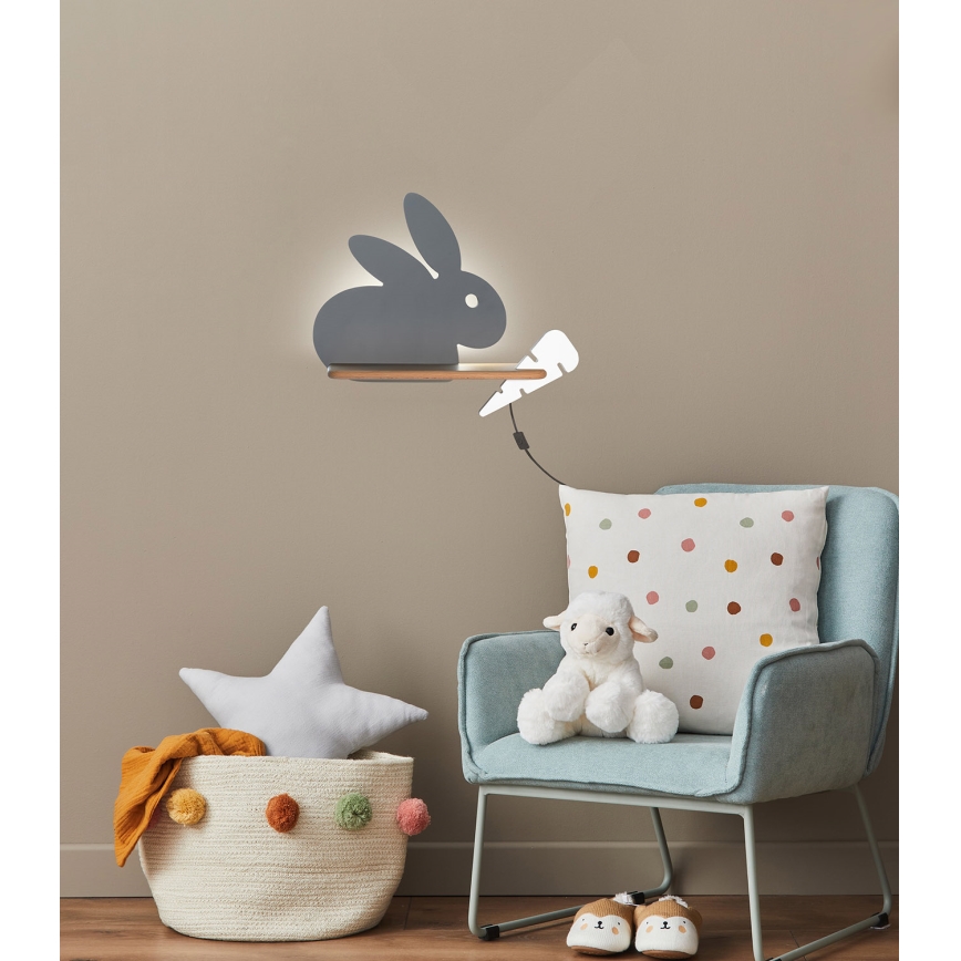 LED Applique per bambini con mensola RABBIT LED/4W/230V grigio/bianco/legno