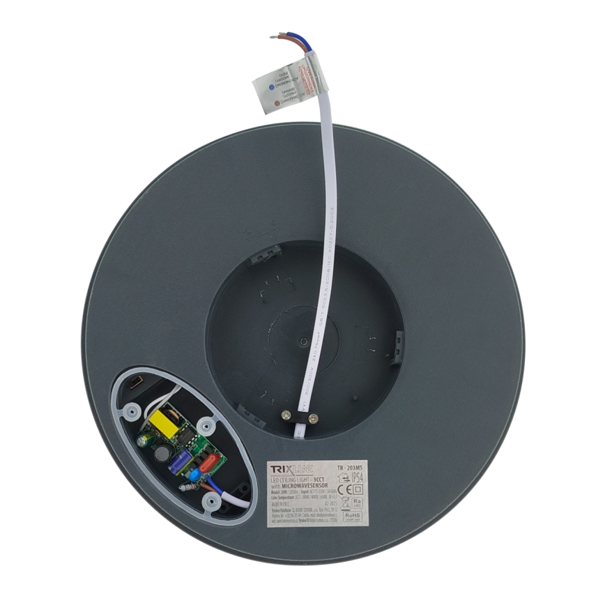 LED-Badezimmer-Deckenleuchte mit Bewegungsmelder – 20 W, 230 V, einstellbare Farbtemperatur (3000/4000/6500 K), Ø 23 cm, IP54, Anthrazit