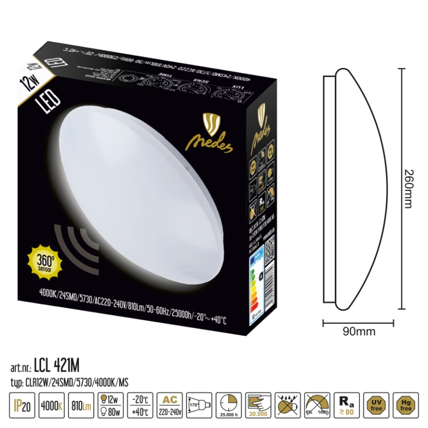 Nedes LCL421M - LED Deckenleuchte mit Sensor LED/12W/230V