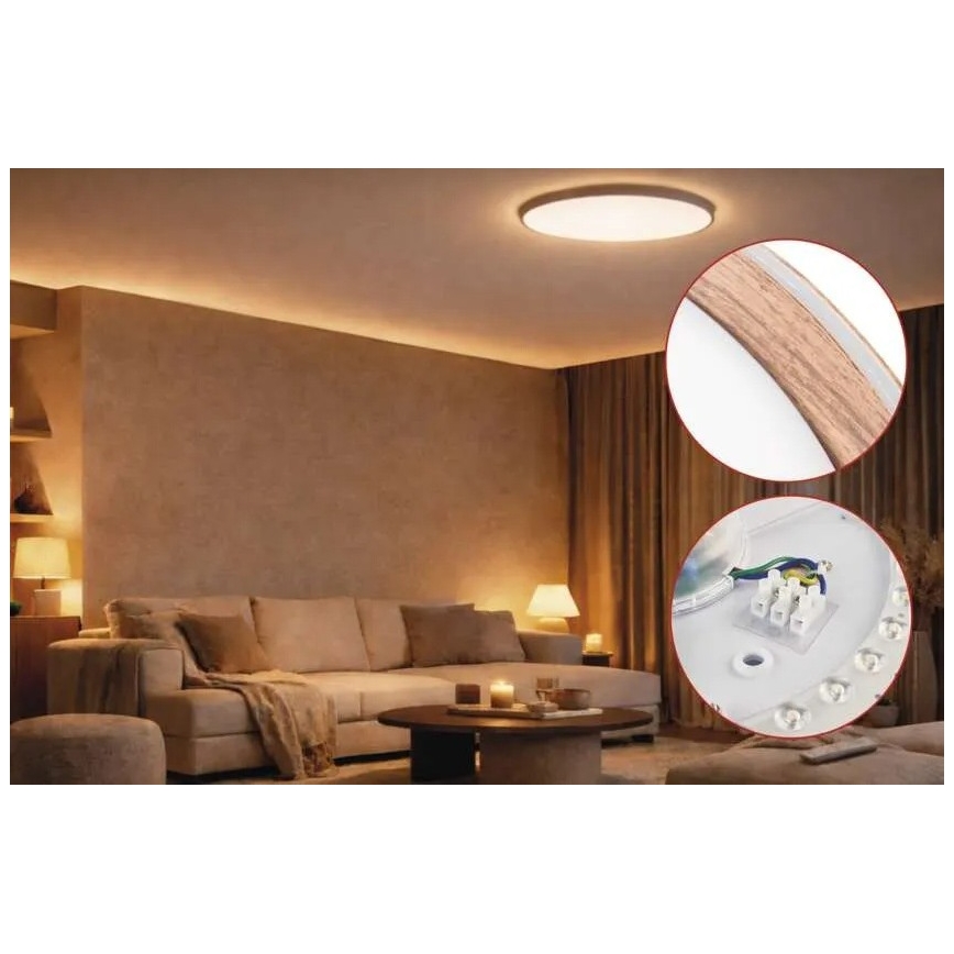 ILVI dimmbare LED-Deckenleuchte, 30 W, 230 V, 2700–6500 K, Ø 40 cm, Holzdekor, inkl. Fernbedienung