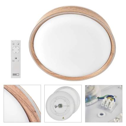 ILVI dimmbare LED-Deckenleuchte, 30 W, 230 V, 2700–6500 K, Ø 40 cm, Holzdekor, inkl. Fernbedienung