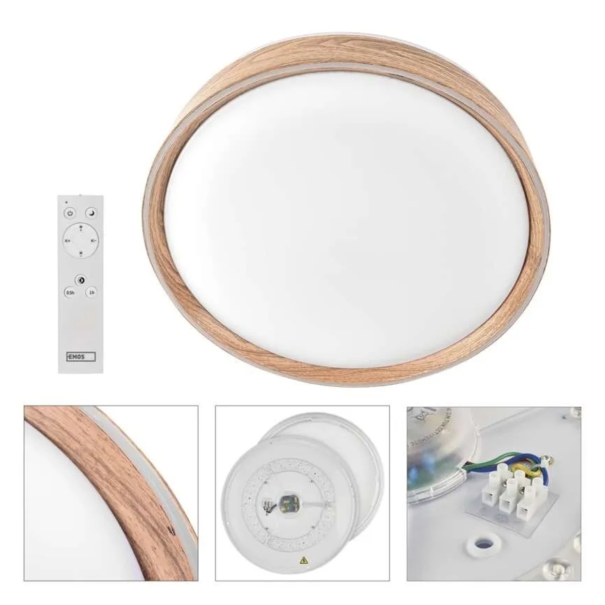 ILVI dimmbare LED-Deckenleuchte, 30 W, 230 V, 2700–6500 K, Ø 40 cm, Holzdekor, inkl. Fernbedienung