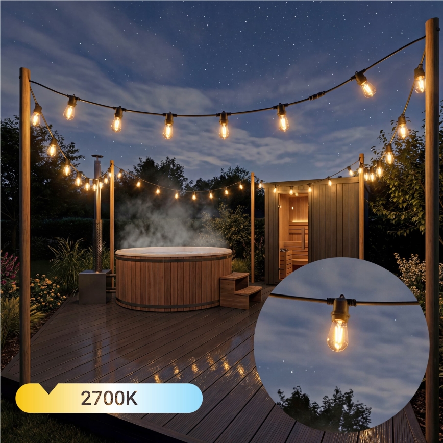 Dimmbare LED-Solar-Dekorations-Lichterkette 20xE27/0,3W/3/5V USB 2400 mAh 20,62 m IP65 schwarz + Fernbedienung