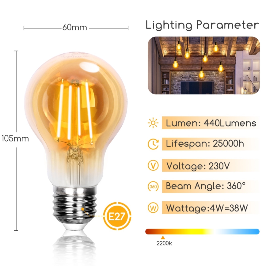 LED Glühbirne A60 E27/4W/230V 2200K - Aigostar