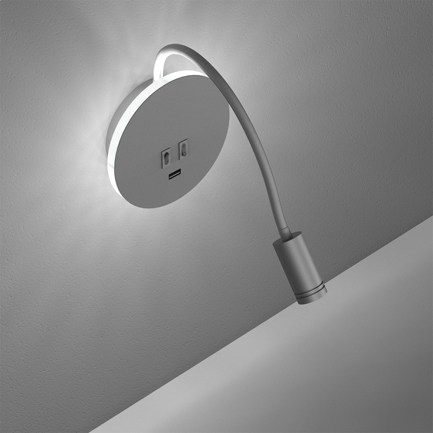 LED Lampada flessibile da parete con base USB 1xLED/8W+1xLED/2W/230V bianco/argento