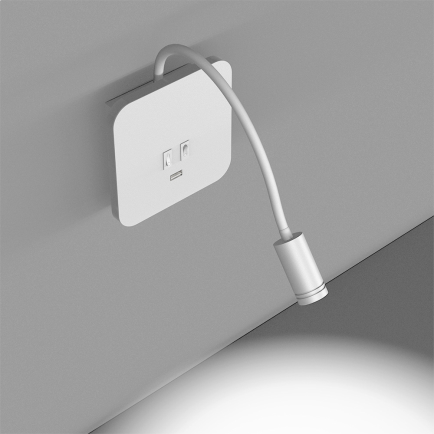 LED Lampada flessibile da parete con base USB 1xLED/8W + 1xLED/2W/230V bianco