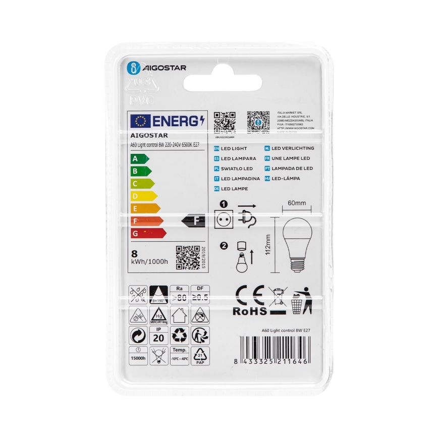 LED-Lampe mit Dämmerungssensor A60 E27/8W/230V 6500K - Aigostar