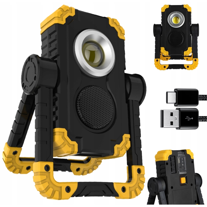 Faro ricaricabile LED con altoparlante e funzione power bank LED/10W/5V 4400 mAh IP44 nero/giallo