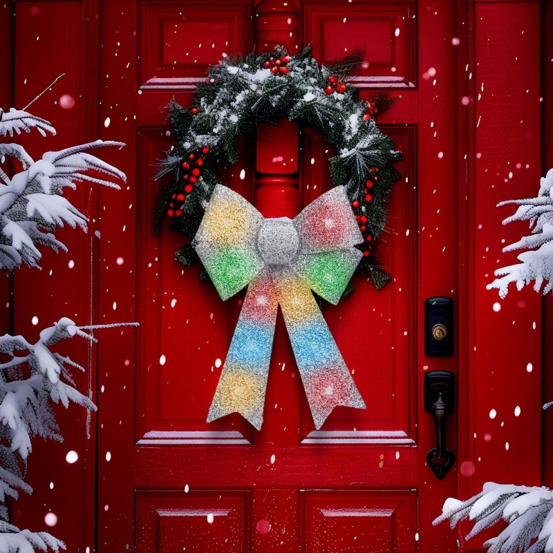 LED RGB Weihnachtsdekoration 11xLED/3xLR44 40x30 cm silberne Schleife