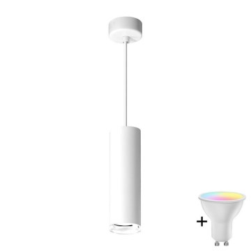 LED RGBW, dimmbare Badezimmer-Hängeleuchte TURYN mit Seilabhängung 1xGU10/6W/2300V 3000K IP44 weiß + Fernbedienung
