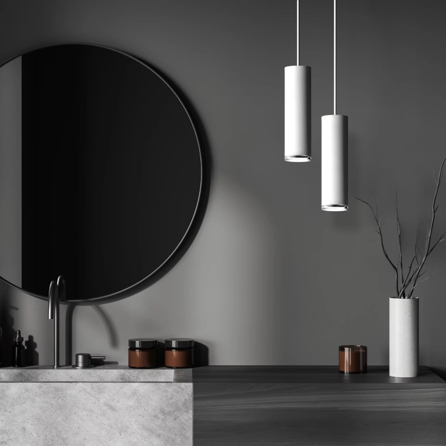 LED RGBW, dimmbare Badezimmer-Hängeleuchte TURYN mit Seilabhängung 1xGU10/6W/2300V 3000K IP44 weiß + Fernbedienung