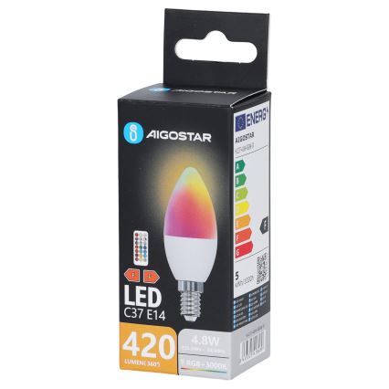 LED RGBW Glühbirne C37 E14/4,8W/230V 3000K + Fernbedienung - Aigostar