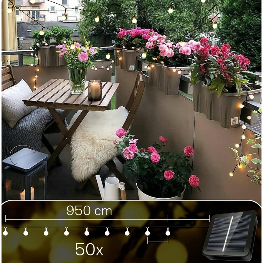 LED-Solar-Lichterkette, 50 LEDs, 8 Funktionen, 500 mAh Akku, 9,5 m, IP67, warmweiß