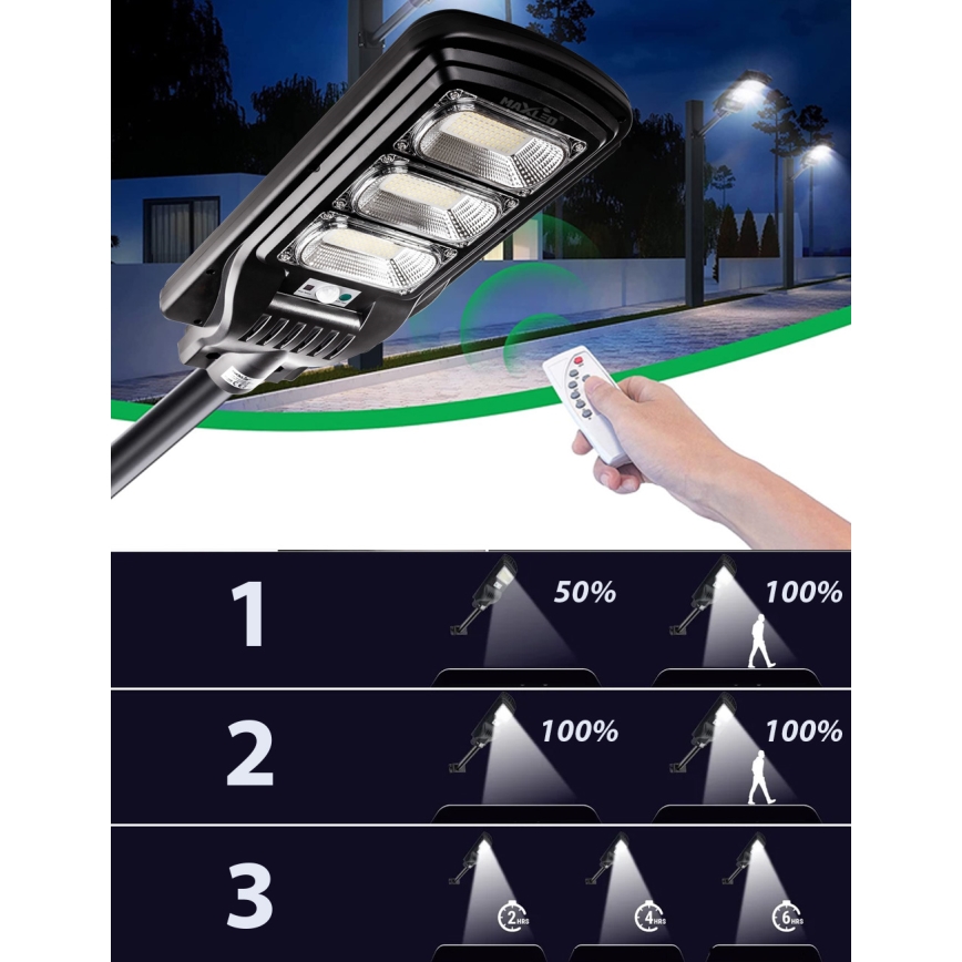 Dimmbare LED-Solar-Straßenlaterne mit Sensor LED/180W/6V 11000 mAh 6500K IP65 schwarz + Fernbedienung