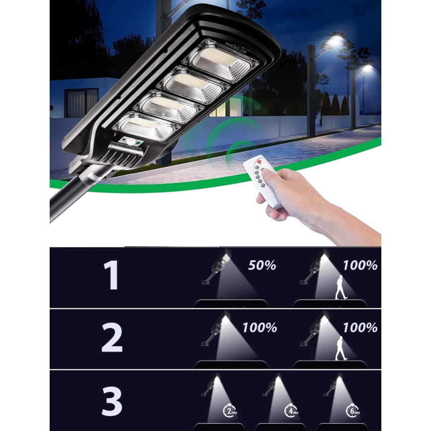 Dimmbare LED-Solar-Straßenlaterne mit Sensor LED/240W/6V 11000 mAh 6500K IP65 schwarz + Fernbedienung