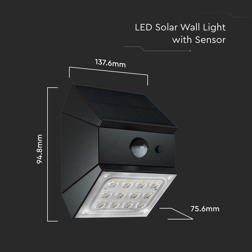 LED-Solar-Wandleuchte mit Sensor LED/2,5W/3,7V 3000/4000/6000K IP65 1200 mAh schwarz