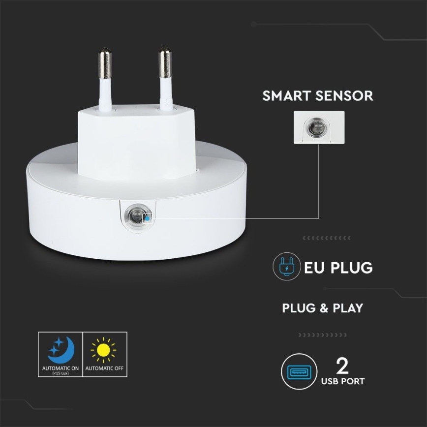 LED-Steckdosen-Nachtlicht mit Dämmerungssensor 2xUSB LED/0,45W/230V 3000K