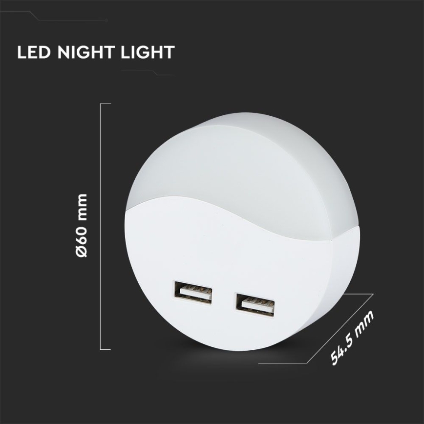 LED-Steckdosen-Nachtlicht mit Dämmerungssensor 2xUSB LED/0,45W/230V 3000K
