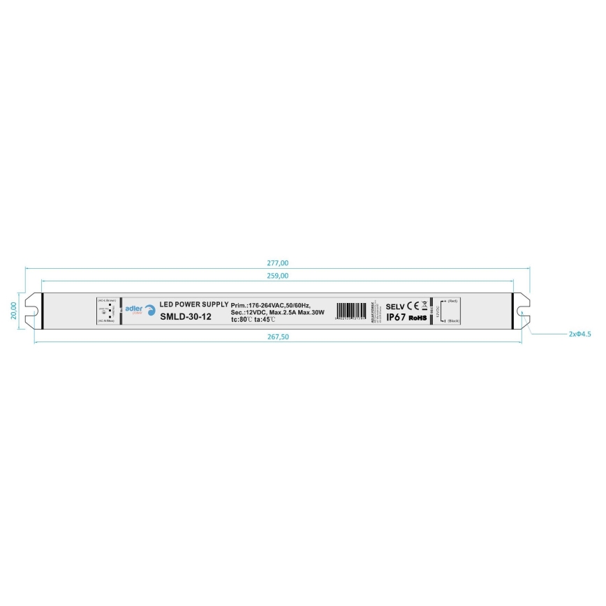 LED Transformateur électrique DRIVER 30W/230V/12V IP67