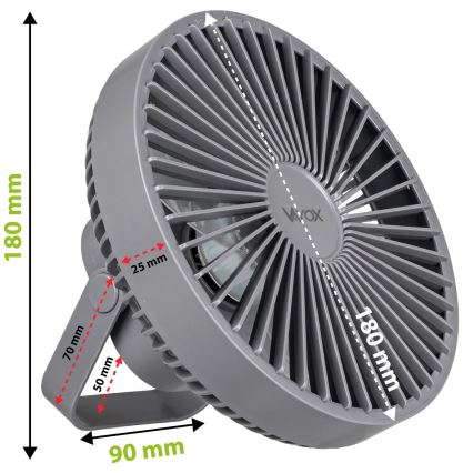 LED Ventilatore da tavolo ricaricabile con illuminazione a LED LED/2W/5V USB 2400 mAh grigio