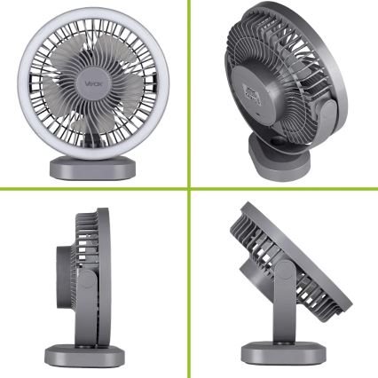 LED Ventilatore da tavolo ricaricabile con illuminazione a LED LED/3W/5V USB 2400 mAh grigio