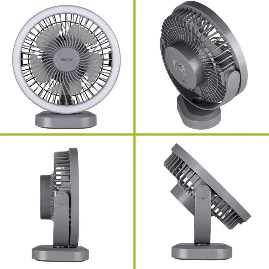 LED Ventilatore da tavolo ricaricabile con illuminazione a LED LED/3W/5V USB 2400 mAh grigio