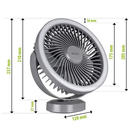 LED Ventilatore da tavolo ricaricabile con illuminazione a LED LED/3W/5V USB 2400 mAh grigio