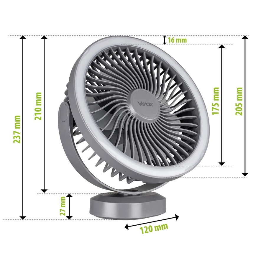 LED Ventilatore da tavolo ricaricabile con illuminazione a LED LED/3W/5V USB 2400 mAh grigio