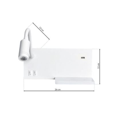 LED-Wandleuchte SHELF LED/4W+LED/5W+LED/2W/230V + USB-Anschluss weiß