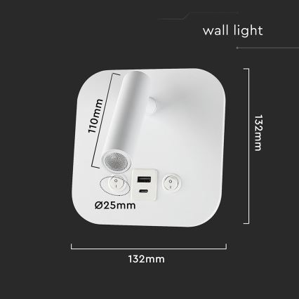 LED-Wandspot mit USB-Anschluss LED/8W/230V 3000K weiß