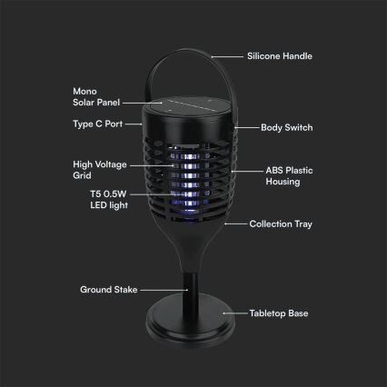 LED Zappatrice solare per insetti 3in1 LED/1,3W/3,7V IP24 20 opaco