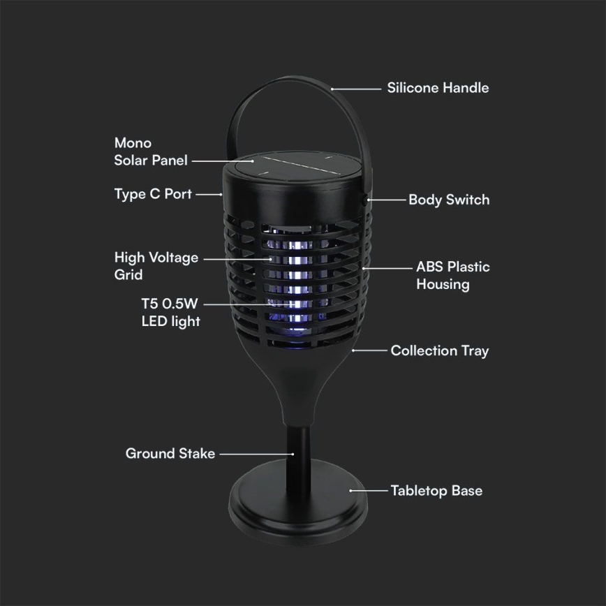 LED Zappatrice solare per insetti 3in1 LED/1,3W/3,7V IP24 20 opaco