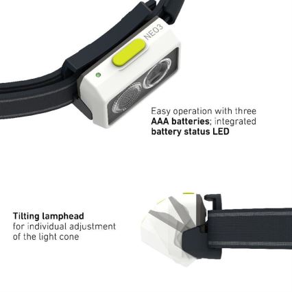 Ledlenser NEO3 - Lampada frontale dimmerabile a LED, alimentata da 3xAAA, IP54, 400 lm, 20 h, nero/bianco
