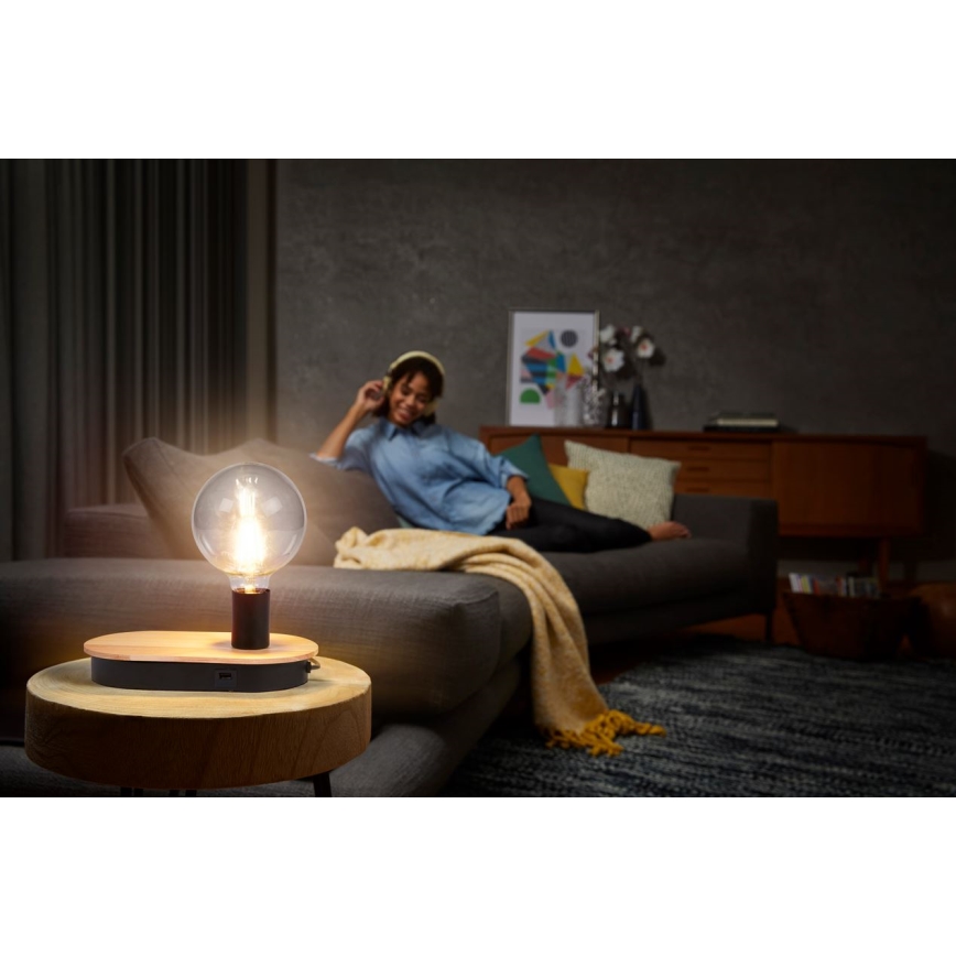 Ledvance - Lampada da tavolo touch con connettore USB DECOR WOOD 1xE27/8W/230V gomma di caucciù