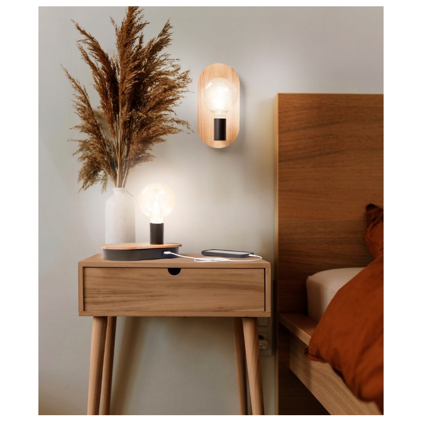 Ledvance - Lampada da tavolo touch con connettore USB DECOR WOOD 1xE27/8W/230V gomma di caucciù