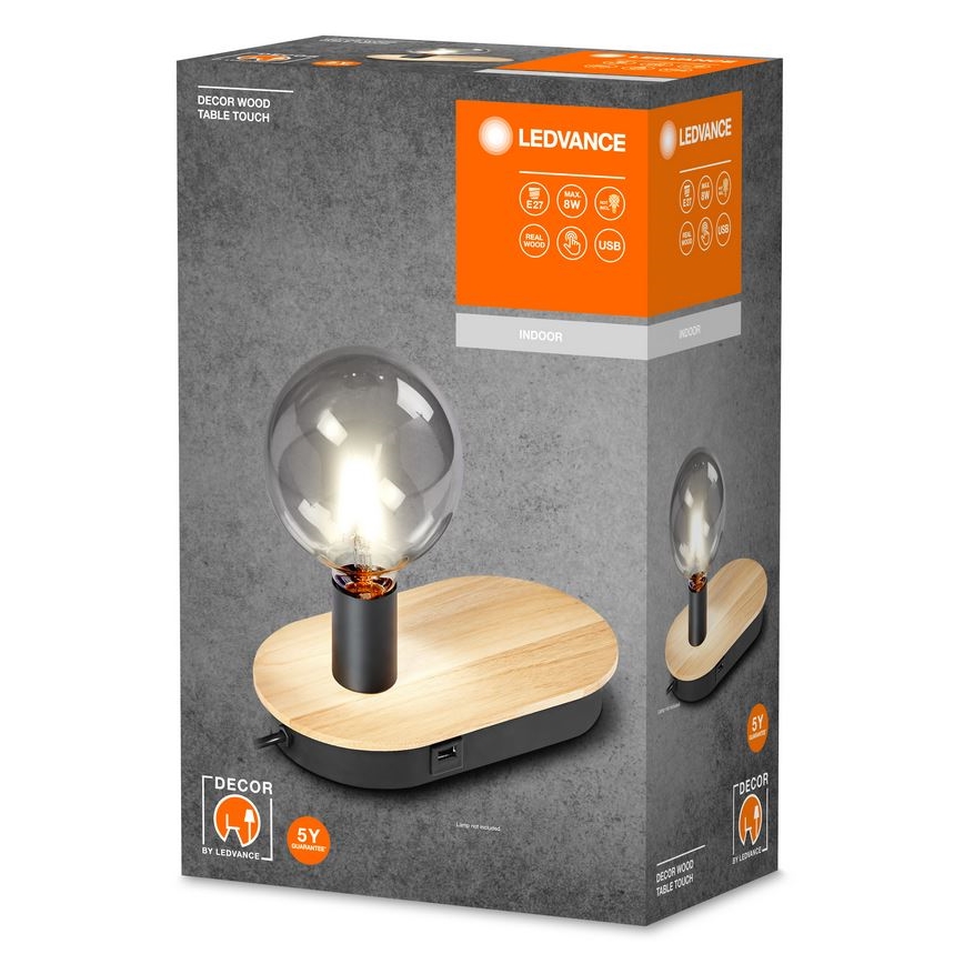 Ledvance - Lampada da tavolo touch con connettore USB DECOR WOOD 1xE27/8W/230V gomma di caucciù