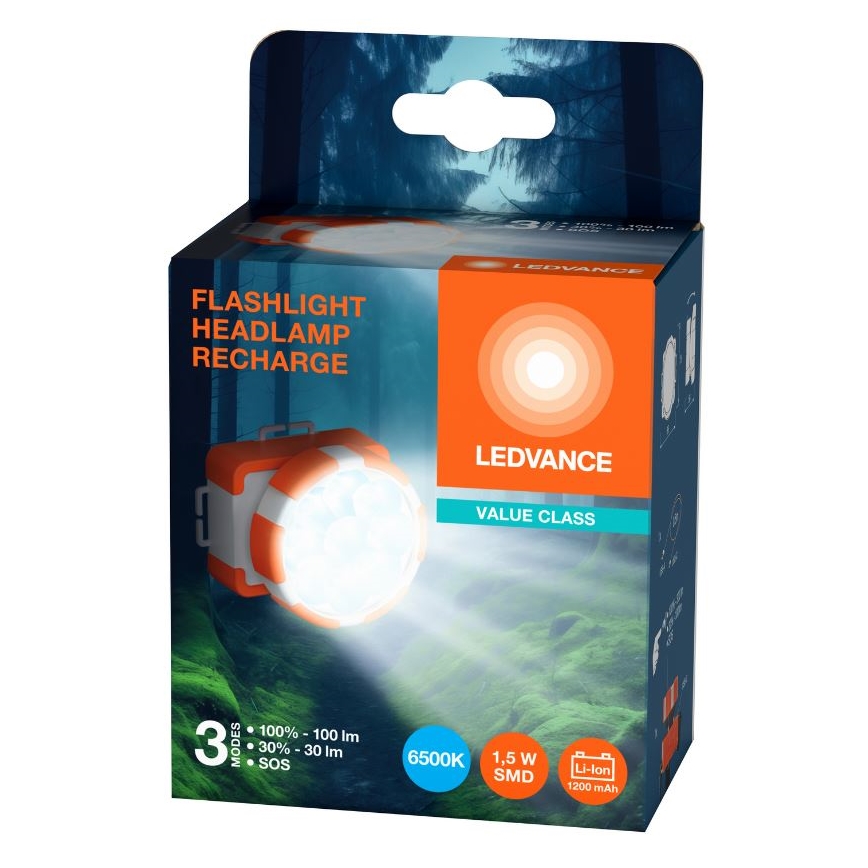Ledvance - Lampada frontale LED ricaricabile FLASHLIGHT LED/1,5W/5V 1200 mAh