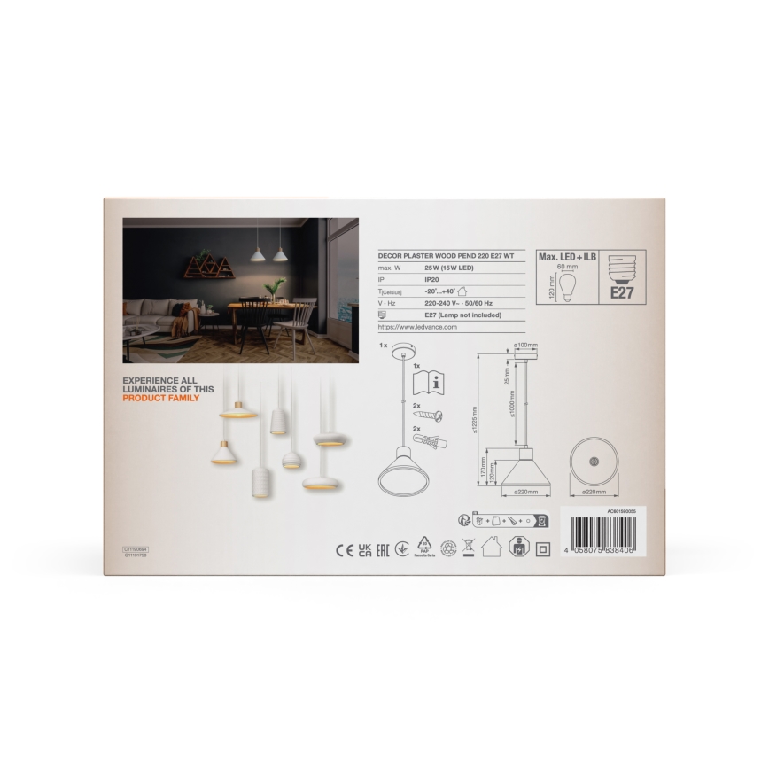 Ledvance - Lampadario a sospensione con filo DECOR PLASTER 1xE27/25W/230V diametro 22 cm gesso bianco