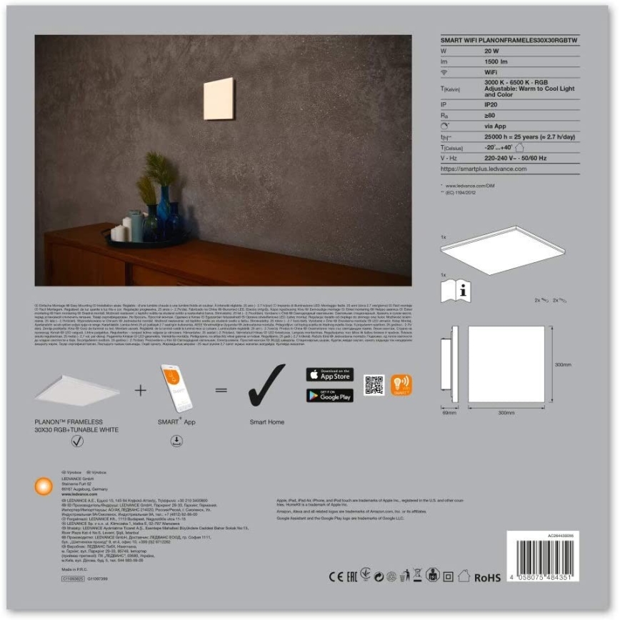 Ledvance - Plafonnier à intensité variable LED RGB SMART+ FRAMELESS LED/20W/230V 3000K-6500K Wi-Fi