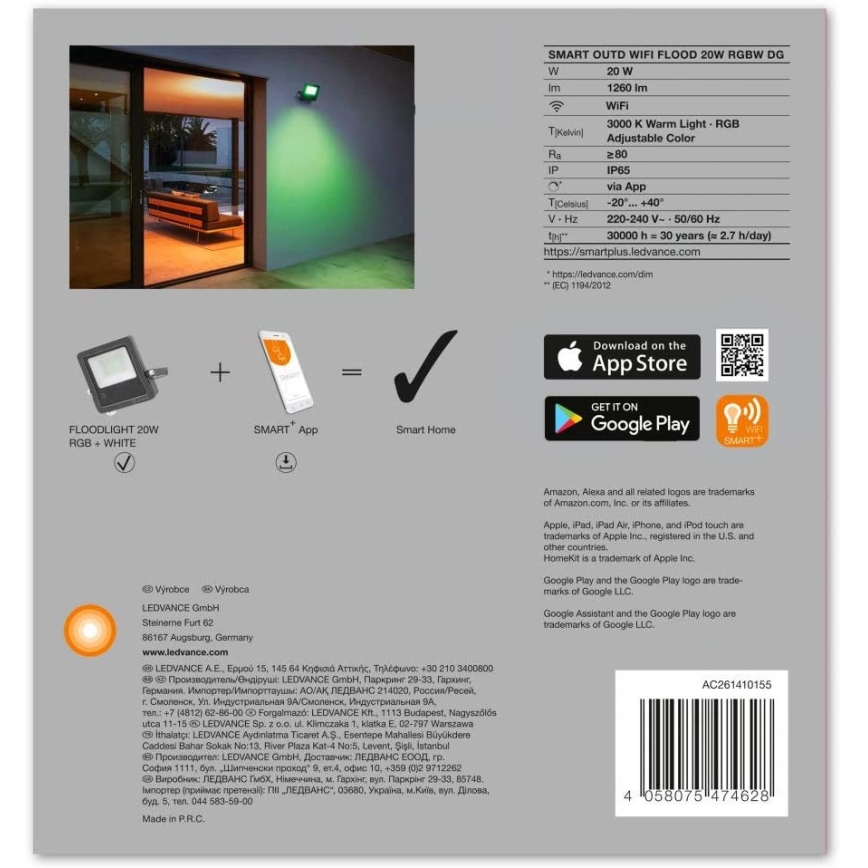 Ledvance - Riflettore LED RGB SMART+ FLOOD LED/20W/230V IP65 Wi-Fi