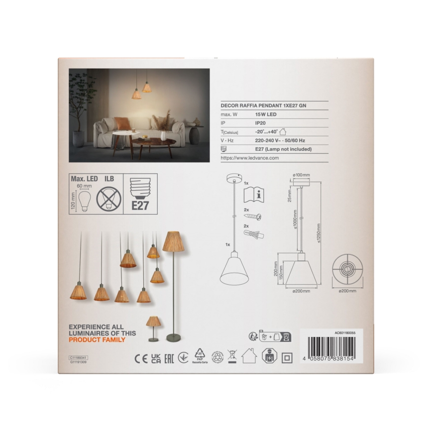 Ledvance - Suspension filaire DECOR RAFFIA 1xE27/15W/230V pelote de raphia