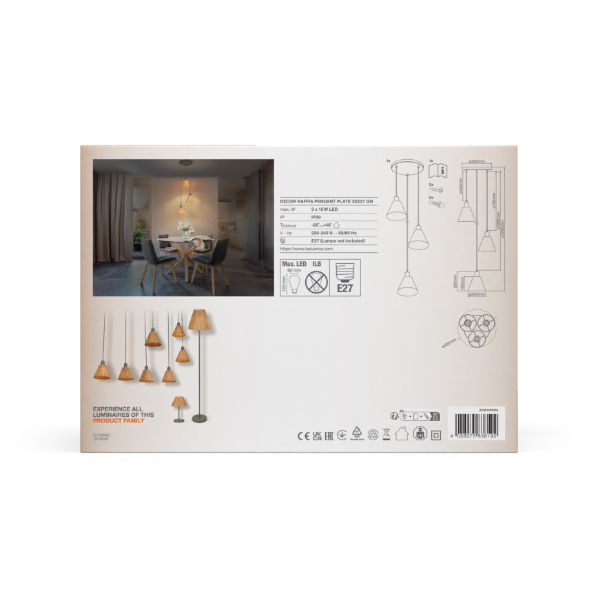 Ledvance - Suspension filaire DECOR RAFFIA 3xE27/15W/230V pelote de raphia
