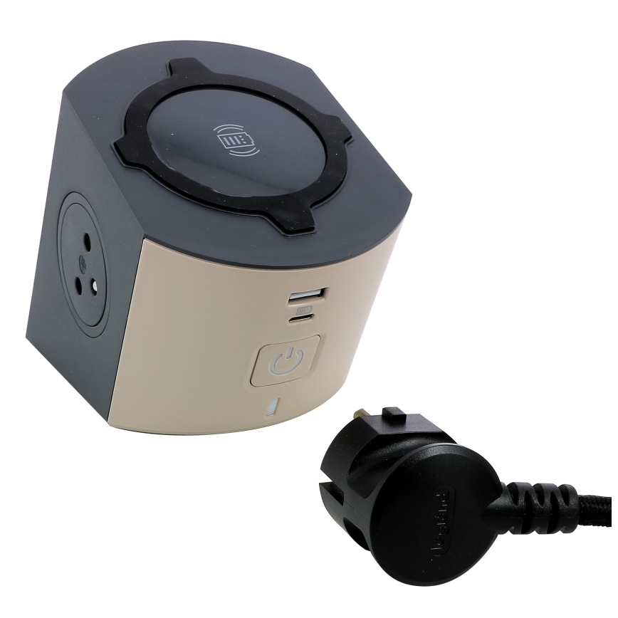 Legrand 049402-Sdoppiatore di prese con interruttore 2Z Tipo E + USB-A + USB-C e ricarica wireless 10W 2m marrone
