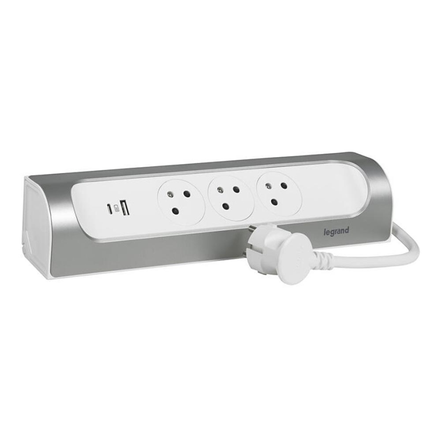 Legrand 049406 - Prolunga 3Z Tipo E + USB-A + USB-C 1m argento/bianco